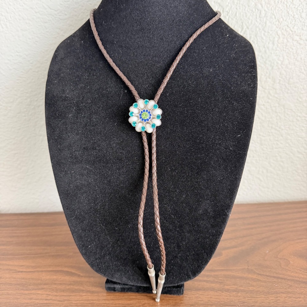 Western Bolo Tie Braided Brown Cord Teal Green Rhinestone Silver Tone
